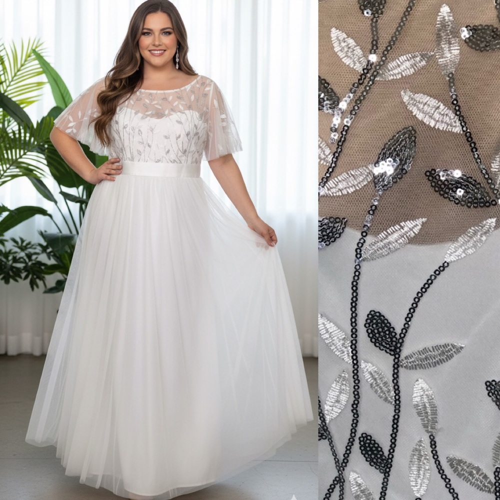 4X PLUS SIZE White & Silver Floral Sequins 3/4 Chiffon Sleeve Long Wedding DRESS